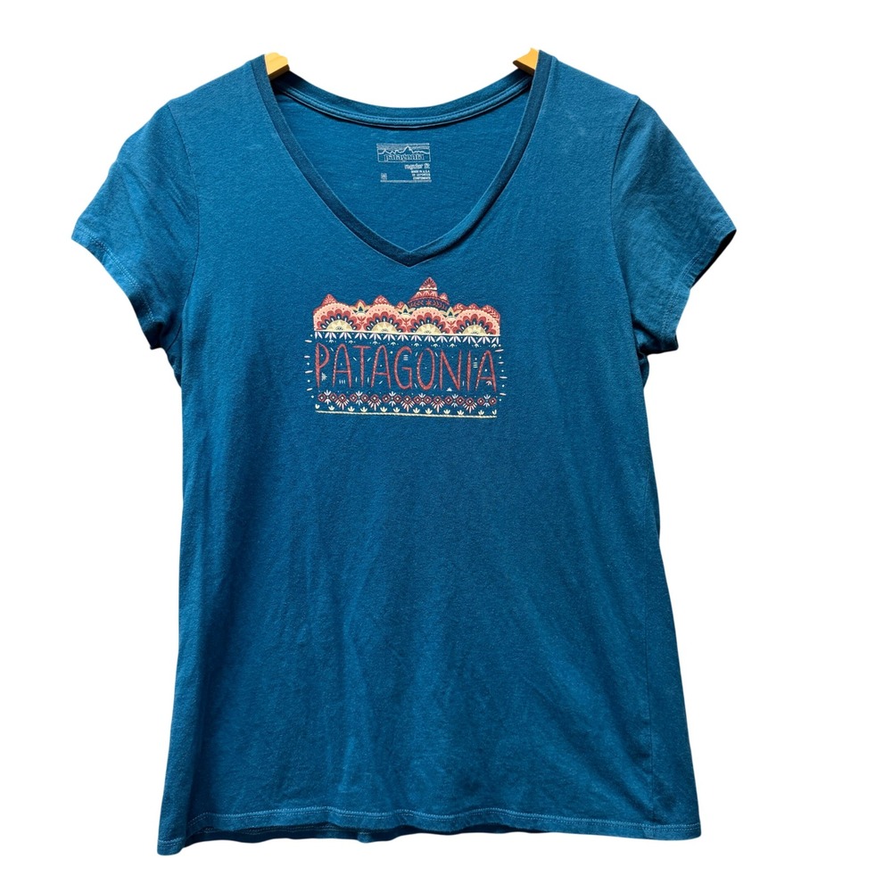 Patagonia T-Shirt Womens M V-Neck Blue Outdoor Organic Cotton Fitz Roy Tee